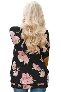 Sexy Floral Print Elbow Patch Black Long Sleeve Top