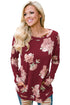 Sexy Floral Print Elbow Patch Burgundy Long Sleeve Top
