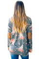 Sexy Floral Print Elbow Patch Grey Long Sleeve Top