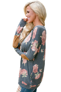 Sexy Floral Print Elbow Patch Grey Long Sleeve Top with Pocket