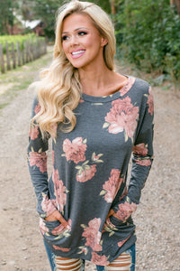 Sexy Floral Print Elbow Patch Grey Long Sleeve Top with Pocket