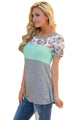 Sexy Floral Print Mint Gray Colorblock T-shirt