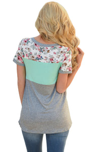 Sexy Floral Print Mint Gray Colorblock T-shirt