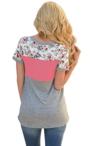 Sexy Floral Print Pink Gray Colorblock T-shirt