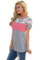 Sexy Floral Print Pink Gray Colorblock T-shirt