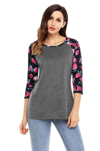 Sexy Floral Print Raglan Sleeve Dark Gray Top