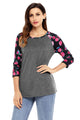 Sexy Floral Print Raglan Sleeve Dark Gray Top