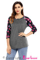 Sexy Floral Print Raglan Sleeve Dark Gray Top