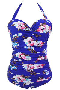 Sexy Floral Print Royal Blue Retro One Piece Swimsuit