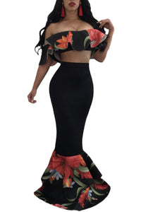 Sexy Floral Ruffle Accent Black Crop Top and Skirt Set