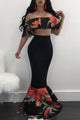 Sexy Floral Ruffle Accent Black Crop Top and Skirt Set
