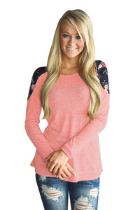 Sexy Floral Shoulder Patch Heathered Coral Top