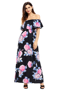 Sexy Flower Print Black Grounding Off Shoulder Long Boho Dress