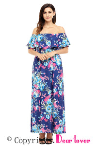Sexy Flower Print Blue Grounding Off Shoulder Long Boho Dress