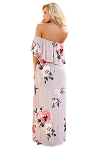 Sexy Flower Print Grayish Pink Grounding Off Shoulder Long Boho Dress