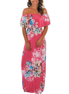 Sexy Flower Print Rosy Grounding Off Shoulder Long Boho Dress