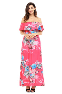 Sexy Flower Print Rosy Grounding Off Shoulder Long Boho Dress