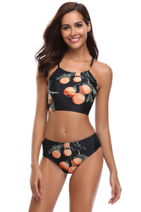 Sexy Fruity Print High Neck Cropped High Waist Swimsuit