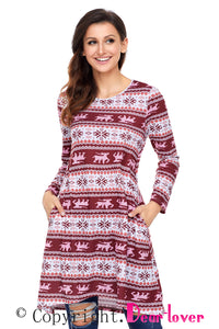 Sexy Geometric Snowflake Burgundy Long Sleeve Christmas Dress
