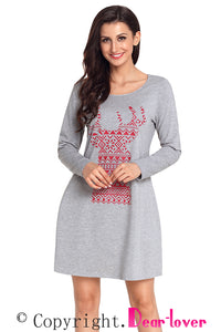 Sexy Geometric Snowflake Reindeer Grey Christmas T-shirt Dress