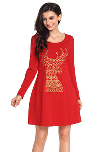 Sexy Geometric Snowflake Reindeer Red Christmas T-shirt Dress
