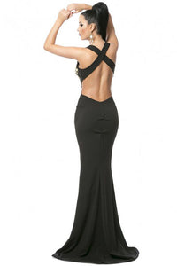 Sexy Gold Embroidery Deep V Plunge Cross Back Evening Dress