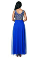 Sexy Gold Embroidery Detail Blue Tulle Overlay Evening Dress