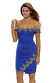 Sexy Gold Lace Applique Navy Off Shoulder Mini Dress