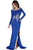 Sexy Gold Lace Applique Royal Blue Long Sleeve Prom Dress