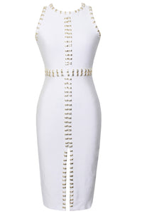 Sexy Gold Metal Embellished Detail White Bandage Dress