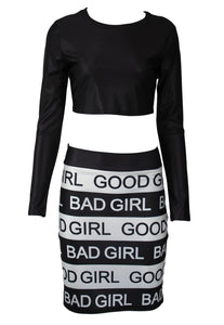 Sexy Good Girl Bad Girl Print Long Sleeve Skirt Set