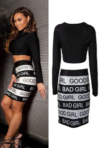 Sexy Good Girl Bad Girl Print Long Sleeve Skirt Set