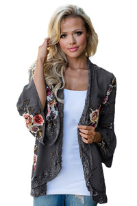 Sexy Gray Bell Sleeve Floral Kimono with Lace Detail
