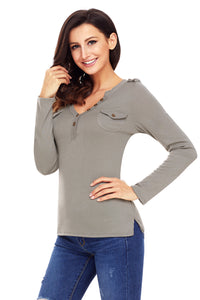 Sexy Gray Button Long Sleeve Top with Pockets