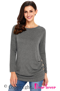 Sexy Gray Buttoned Side Long Sleeve Spring Autumn Womens Top