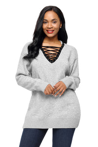 Sexy Gray Chic Long Sleeve Sweater with Lace up Neckline