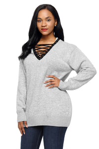 Sexy Gray Chic Long Sleeve Sweater with Lace up Neckline