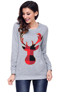 Sexy Gray Christmas Plaid Deer Print Abdomen Pocket Sweatshirt