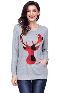 Sexy Gray Christmas Plaid Deer Print Abdomen Pocket Sweatshirt