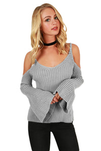 Sexy Gray Cold Shoulder Bell Sleeve Sweater