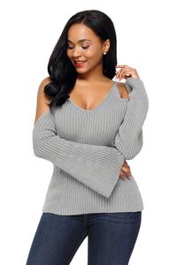 Sexy Gray Cold Shoulder Bell Sleeve Sweater