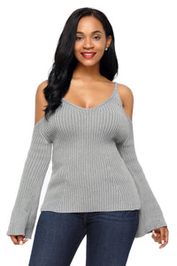 Sexy Gray Cold Shoulder Bell Sleeve Sweater