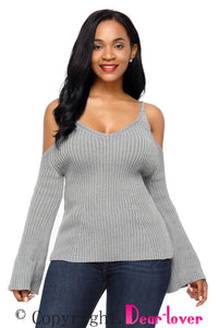 Sexy Gray Cold Shoulder Bell Sleeve Sweater