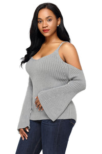 Sexy Gray Cold Shoulder Bell Sleeve Sweater