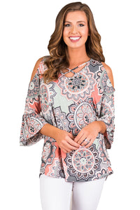 Sexy Gray Cold Shoulder Criss Cross Floral Blouse