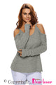 Sexy Gray Cold Shoulder Knit Long Sleeves Sweater