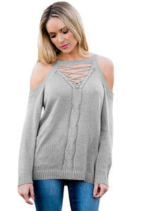 Sexy Gray Cold Shoulder Lace up Detail Knit Sweater Top