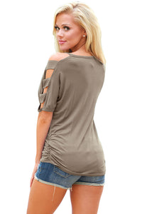Sexy Gray Cold Shoulder Ruched Sides T-shirt
