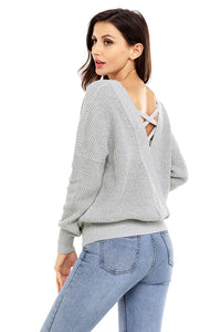 Sexy Gray Cross Back Hollow-out Sweater