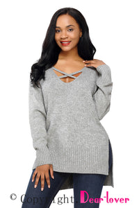Sexy Gray Deep V Neck Crisscross Knit Sweater